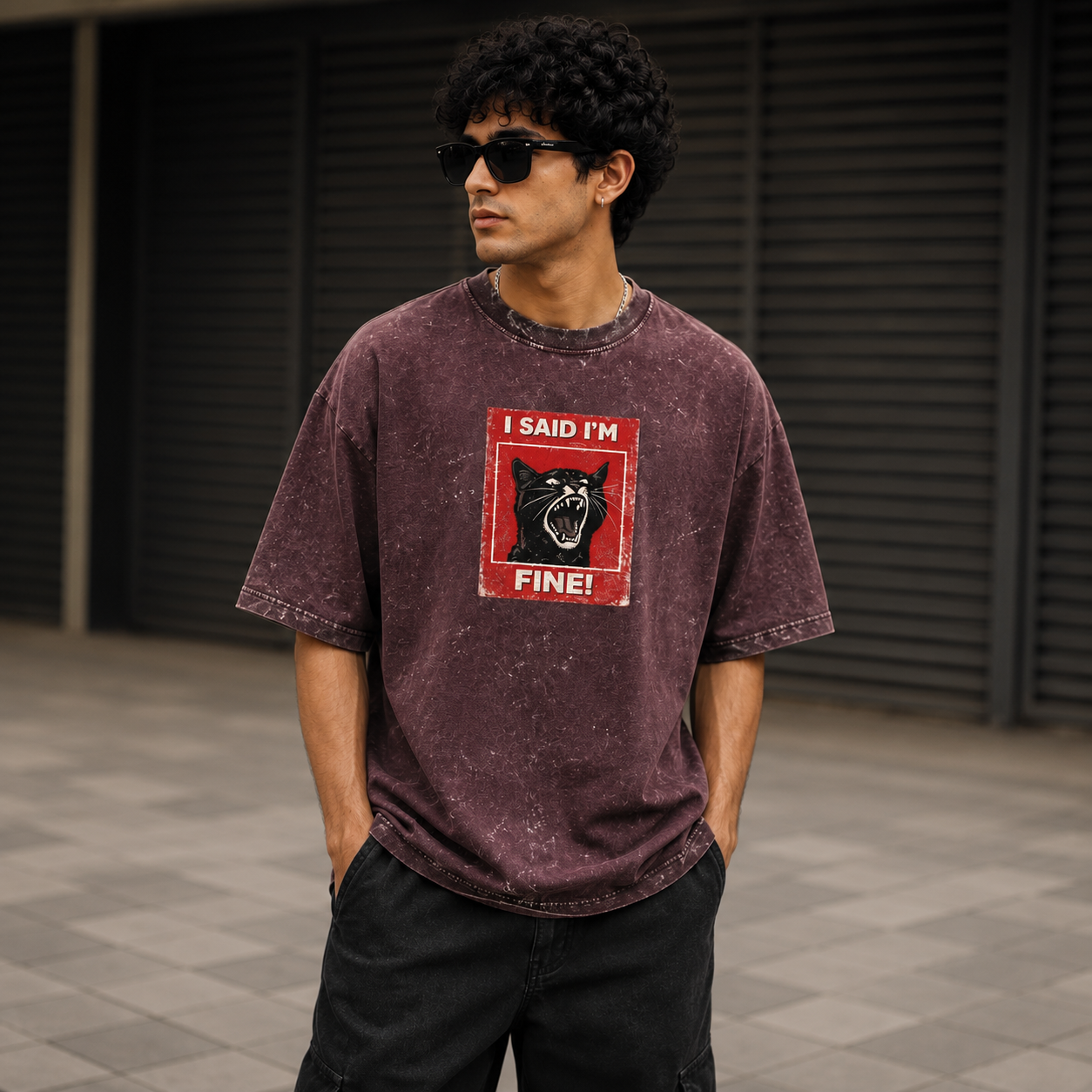 I am Fine Acid Washed Oversized Tee