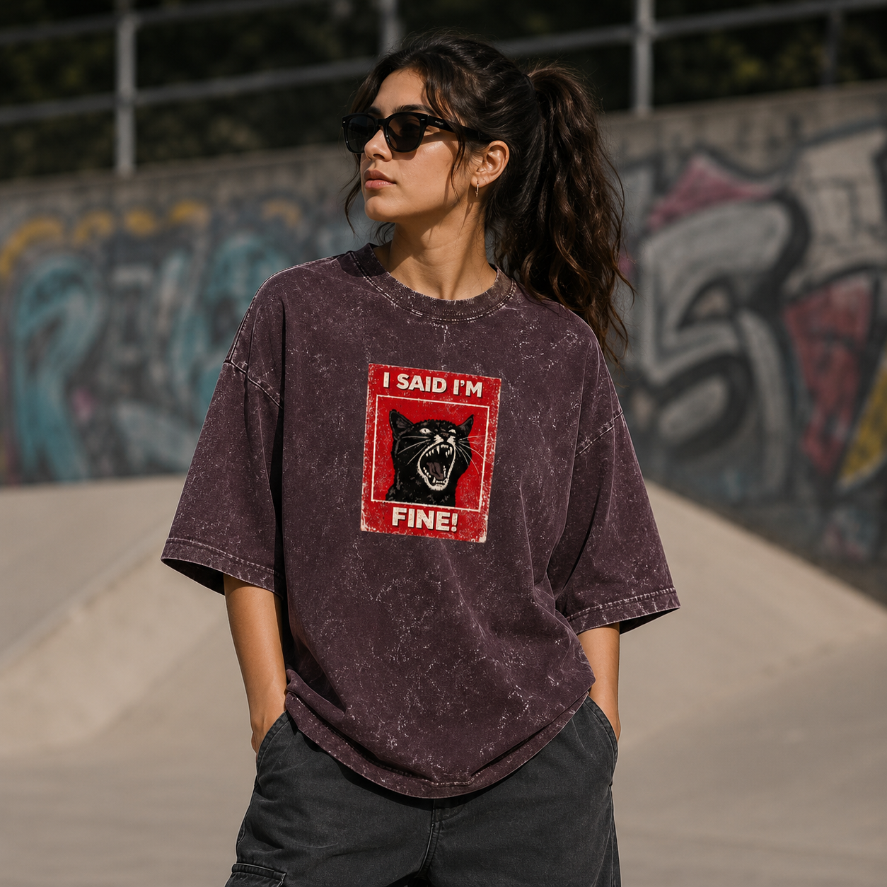 I am Fine Acid Washed Oversized Tee