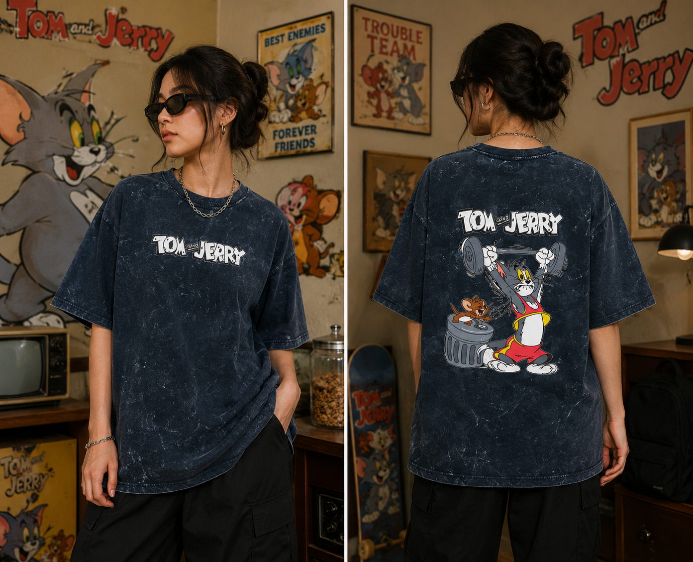 Tom and Jerry Acid Washed Oversized Tee